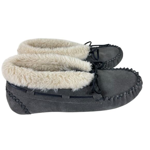 Minnetonka Gray Suede Leather Hard Sole Faux Fur Lined Bootie Slippers Size 10 - Picture 4 of 8